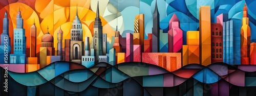 Leeyongjay style pop art shows a colorful palace landscape in sapphire and gold tones, positioned to the left for dramatic effect, on a vibrant background.