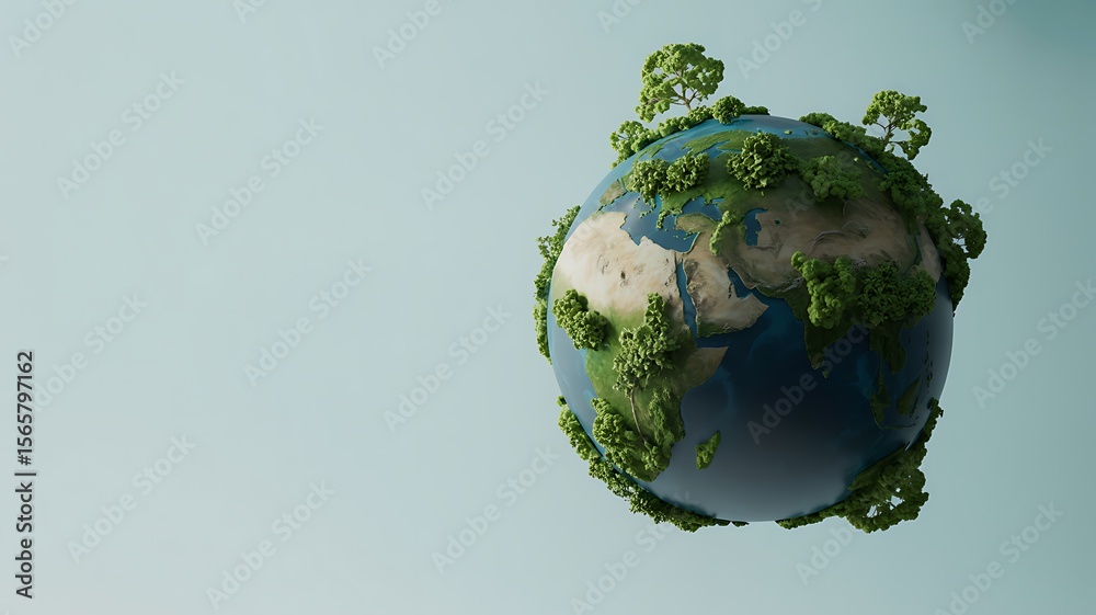 Fototapeta premium Lush green trees growing on the surface of planet earth in a light blue background