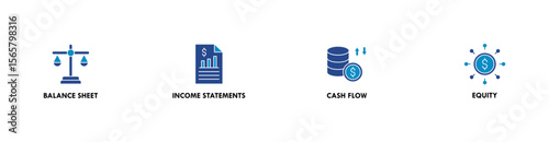 Financial statements banner web icon vector illustration concept with icon of graph, balance sheet, pie chart, income statements, money, calculator, income, earning, cash flow, equity, and balance