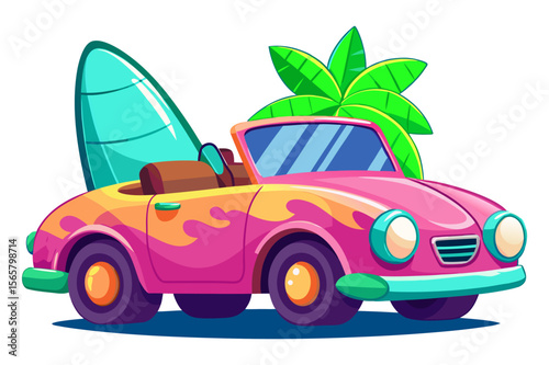 A vibrant pink cartoon convertible car, adorned with flame decals and carrying a teal surfboard and a green palm tree, evokes a tropical, summery vibe.