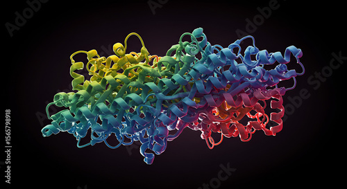 Detailed 3D rendering of a colorful protein molecule with black background