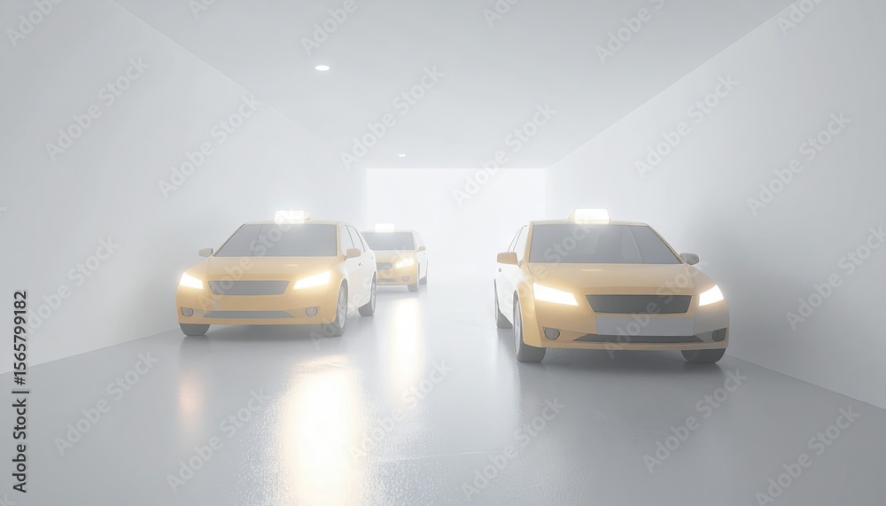 Fototapeta premium Three Yellow Taxi Cabs Driving Through a Rain Slicked Tunnel Illuminated By Bright Headlights and Reflective Street Surface
