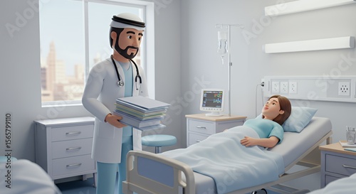 Compassionate doctor visits a patient in a modern hospital room, carrying medical files.