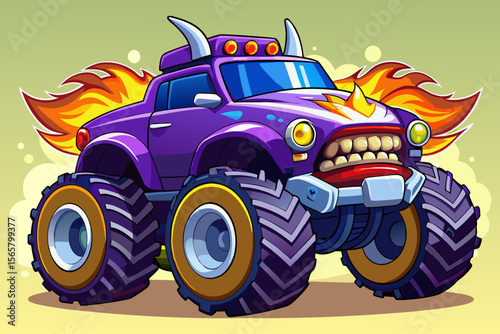 A vibrant purple cartoon monster truck with large wheels, horns, fiery accents, and an aggressive grille featuring prominent teeth.