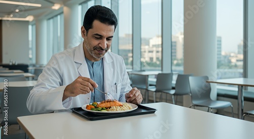 A doctor enjoys a healthy and delicious meal during a break in a bright, modern cafeteria.