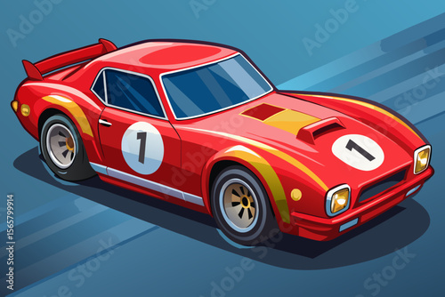 A vibrant red cartoon racing car with yellow stripes, a number "1" on its side and hood, and a large rear spoiler, depicted in motion.