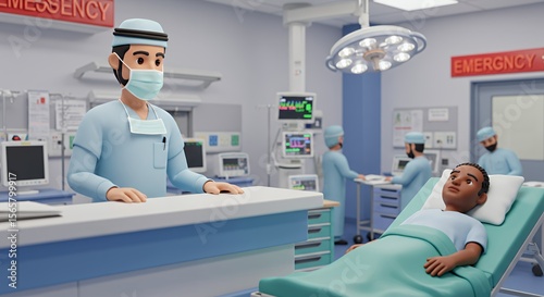 Compassionate doctor in scrubs attends to a patient in a modern hospital setting, offering comfort and care.