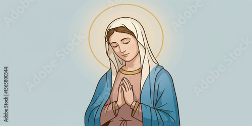 Elegant vector illustration of Mother Mary in a peaceful pose with halo and soft facial expression