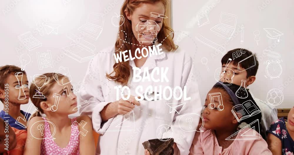Educator lifting lens to mineral sample, students leaning, doodles fading welcome back to school
