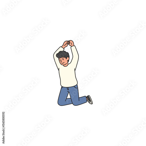 An icon of a man kneeling with his arms stretched upwards, indicating stretching, waking up, or a moment of relief.