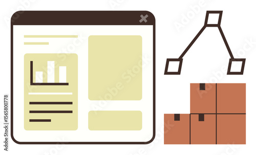 Data analysis dashboard showing metrics, workflow diagram, and grouped boxes. Ideal for logistics, supply chain, shipping, inventory management, warehousing software business processes. A simple