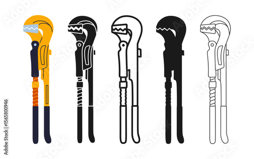 Pipe spanner wrench icon symbol set. Modern adjustable pliers repair tool builder mechanic, plumber. Construction mechanical maintain metal tool sign professional stylized cartoon vector illustration
