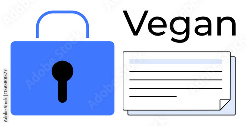 Blue lock endorsing security next to layered documents labeled vegan, emphasizing data protection, ethical choice, transparency. Ideal for privacy, ethics, safety, compliance, responsibility