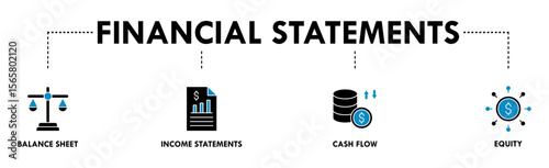Financial statements banner web icon vector illustration concept with icon of graph, balance sheet, pie chart, income statements, money, calculator, income, earning, cash flow, equity, and balance