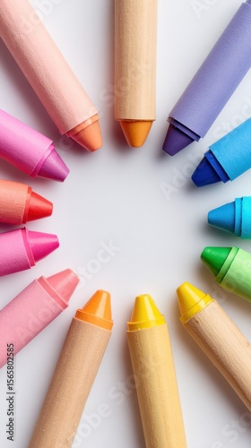 Circle of colorful wax crayons arranged on white background, pointing inwards
