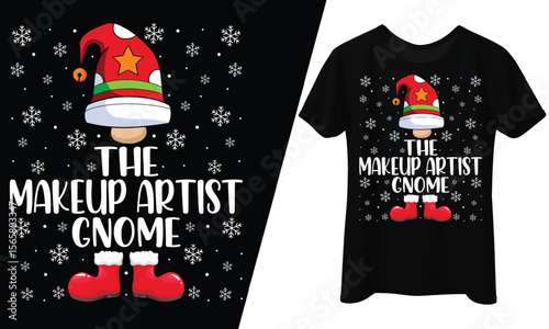 Makeup Artist Gnome, Christmas Holiday, T-Shirt Design.