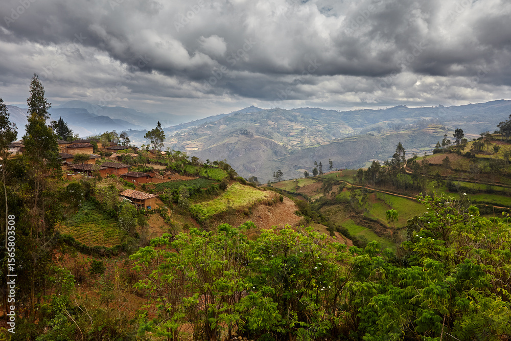Obraz premium Terraced fields and patchwork farmland near La Jalca Grande, Amazonas, Peru — a living landscape shaped by generations of farmers, reflecting ancient Andean agricultural traditions