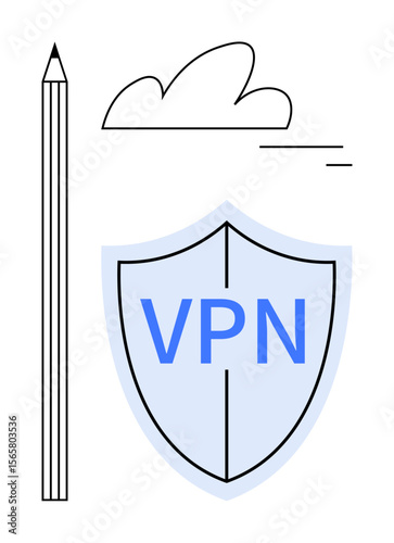 Shield with VPN text symbolizing data protection, cloud for networking, and pencil for creativity. Ideal for cybersecurity, cloud computing, innovation, remote work, productivity, privacy and simple