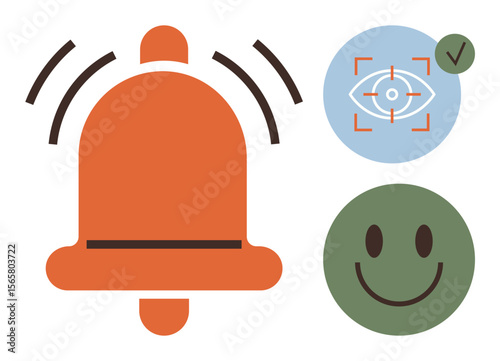 Vibrating orange bell, blue eye focus icon, green smiling face. Ideal for alert, attention, focus, positivity, notifications mindfulness productivity. Clean layout simple flat metaphor