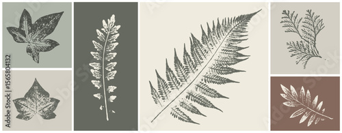 Trendy botanical illustration sketch drawing on neutral brown and green for decorative print or natural background. Floral motif for card or invitation design.