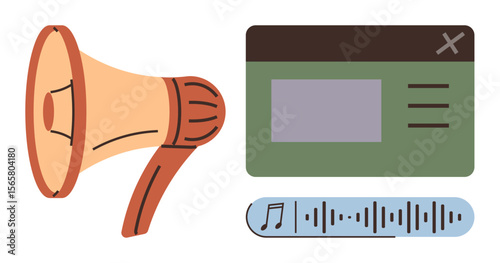 Megaphone, web interface with buttons, and audio waveform suggesting announcements, media sharing, or sound broadcasting. Ideal for marketing, communication, promotion, podcasting media sound