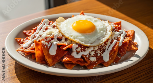 Close up of chilaquiles rojos with a fried egg and cheese on a white plate on a wooden table