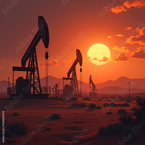 Oil Pumps at Sunset in the Desert