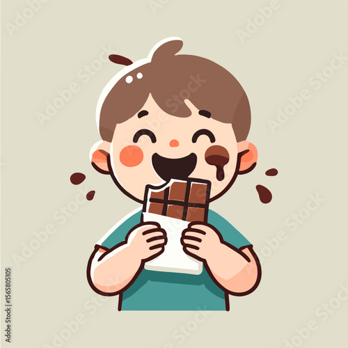 Cartoon of Smiling Boy Enjoying Dark Chocolate Bar