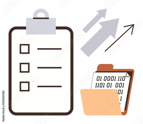 Clipboard with checklist, open folder with binary data, and upward arrows. Ideal for planning, data analysis, digital organization, productivity, strategy growth technology. Simple flat metaphor