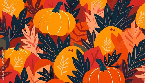 Autumnal Pumpkins and Leaves