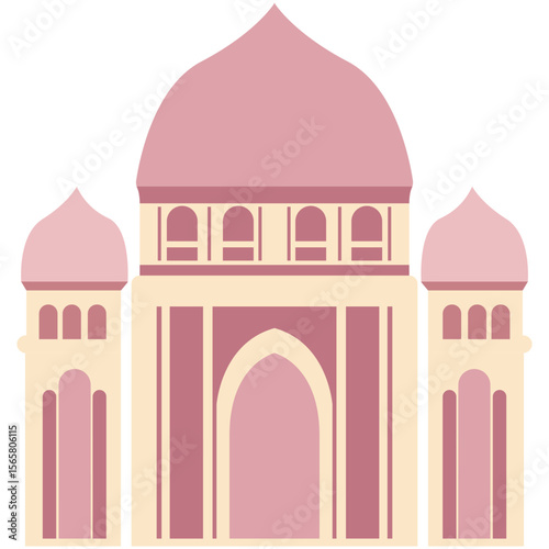 2D illustration of a traditional pink mosque with large dome and arched windows, great for Islamic holidays, education, or culture visuals.