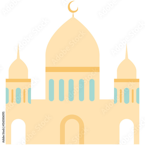 2D illustration of a yellow mosque with three minarets and crescent moon, perfect for Ramadan, Eid celebration, and Islamic holiday graphics.