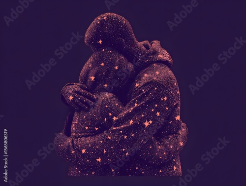 A Tender Embrace: Two figures share a deeply intimate moment of connection. The photo has a striking look of loving affection with an artistic visual texture and a deep sense of human connection.