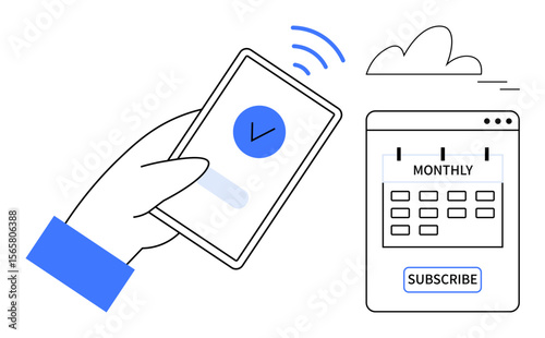 Hand holding smartphone with checked payment status, subscribing to monthly plan via calendar interface. Ideal for fintech, subscription services, mobile apps, cloud technology, e-commerce
