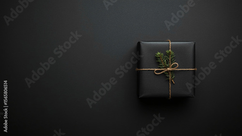 A minimalistic Black Friday discount concept featuring a single black gift box with a gold ribbon, positioned against a dark, shadowy background with space for promotional text