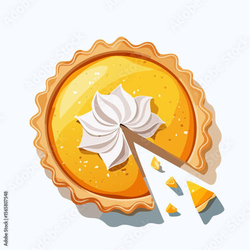 A messy custard tart broken in half with golden flaky pastry and creamy filling spilling out. A high-detail vector perfect for bakery ads, blog posts, or packaging.