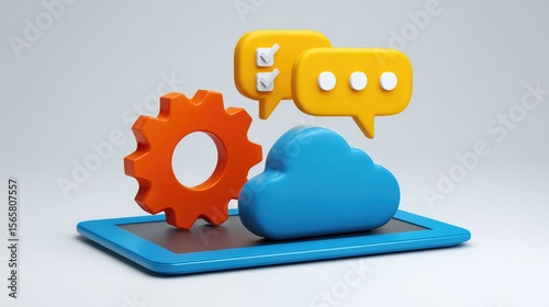 Colorful 3D Icons Representing Cloud Technology, Messaging, and Gear Mechanism on a Tablet Device for Data and Communication Concepts
