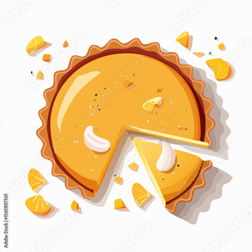 A messy custard tart broken in half with golden flaky pastry and creamy filling spilling out. A high-detail vector perfect for bakery ads, blog posts, or packaging.