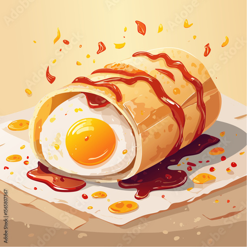 A sizzling bacon and egg roll with runny yolk and sauce smears. Crispy, imperfect, and irresistibly real. Ideal for food delivery, breakfast menus, or blog visuals.