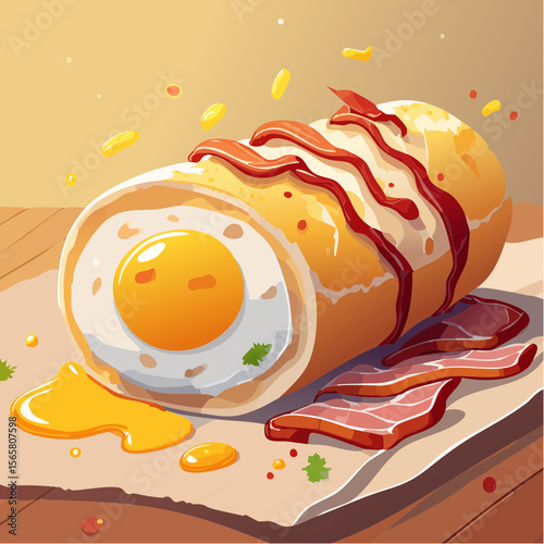 A sizzling bacon and egg roll with runny yolk and sauce smears. Crispy, imperfect, and irresistibly real. Ideal for food delivery, breakfast menus, or blog visuals.