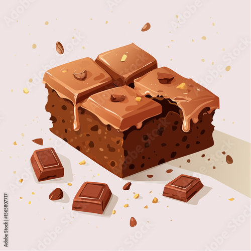 A gooey chocolate brownie chunk with a bite taken, melted chips, crumbs, and grease. This rich vector is perfect for bakery promotions, packaging, or dessert blogs.