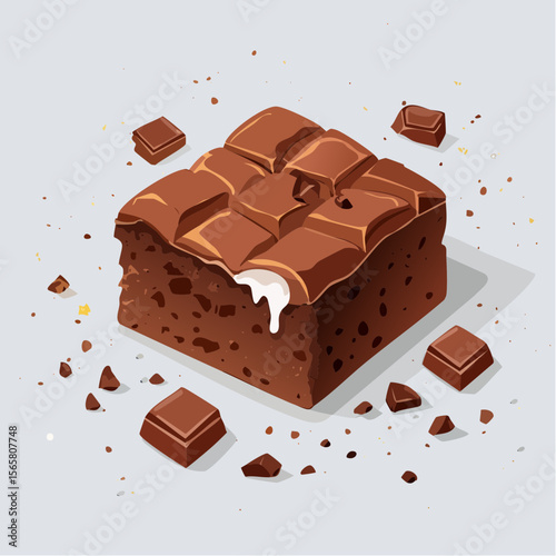 A gooey chocolate brownie chunk with a bite taken, melted chips, crumbs, and grease. This rich vector is perfect for bakery promotions, packaging, or dessert blogs.