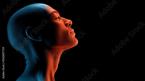 Human face Profile Side view Blue light Orange light Calm expression Human face profile with blue and orange lighting creating