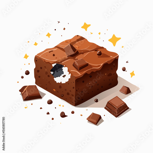 A gooey chocolate brownie chunk with a bite taken, melted chips, crumbs, and grease. This rich vector is perfect for bakery promotions, packaging, or dessert blogs.