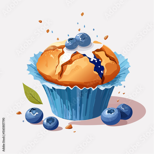 A torn blueberry muffin bursting with juicy berries, cracked sugar top, and oily wrapper. Perfect vector for breakfast blogs, bakery ads, or editorial food features.