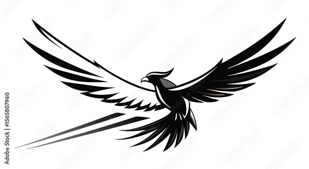Obraz premium A dynamic black and white illustration of a majestic bird in flight with outstretched wings, featuring sleek lines and a bold design that conveys power, freedom, and speed.