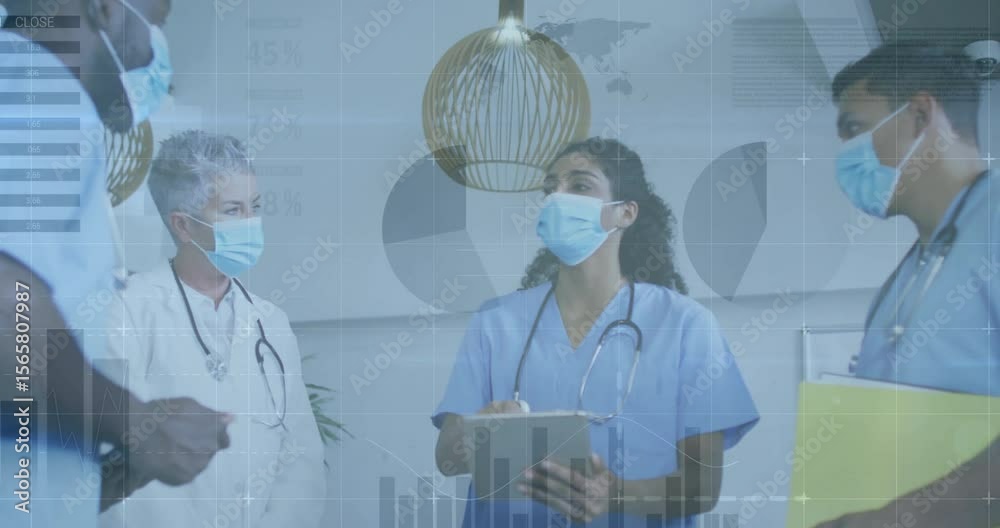 Nurse tapping tablet and initiating chart overlays while team reviewing ...