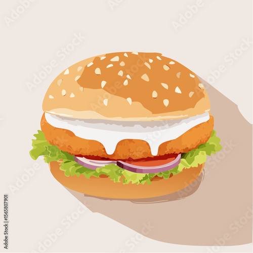 A messy chicken burger with falling lettuce, mayo smears, and squashed bun. A bold vector for food delivery, diner ads, or social content.