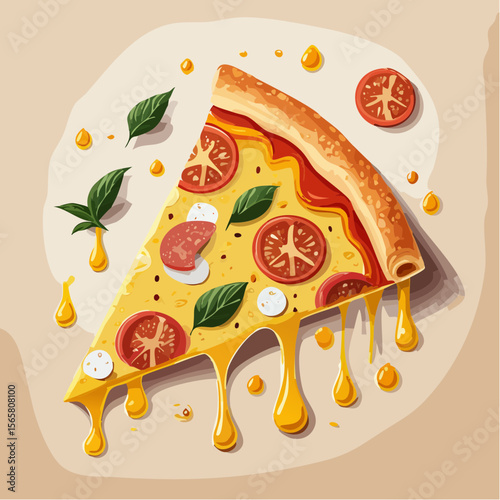 A pizza slice with sauce drip, stretchy cheese strands, and oil stains. This bold, greasy vector screams flavor—great for fast food marketing or delivery apps.