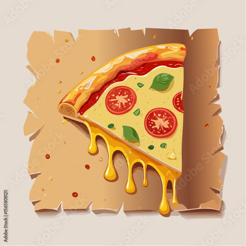 A pizza slice with sauce drip, stretchy cheese strands, and oil stains. This bold, greasy vector screams flavor—great for fast food marketing or delivery apps.